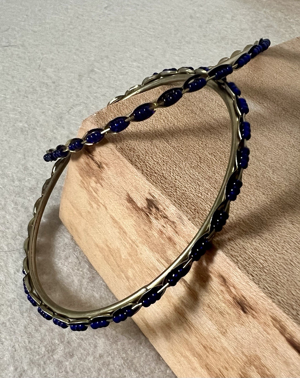 Vintage Blue Trade Bead Bangle Bracelets Brass/Gold-Tone Metal