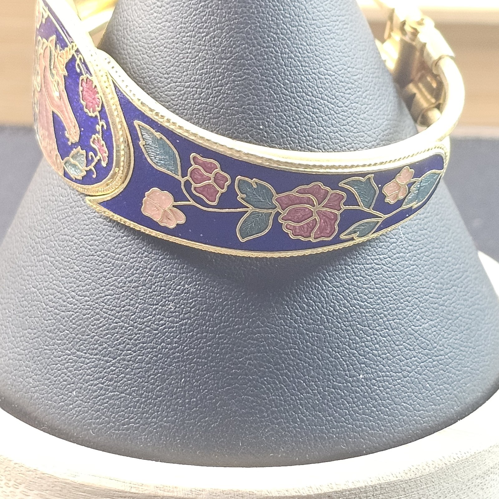 Vintage Unicorn Cloisonne Enamel Cuff Bracelet Gold Tone Clamper Hinged/Butterfl