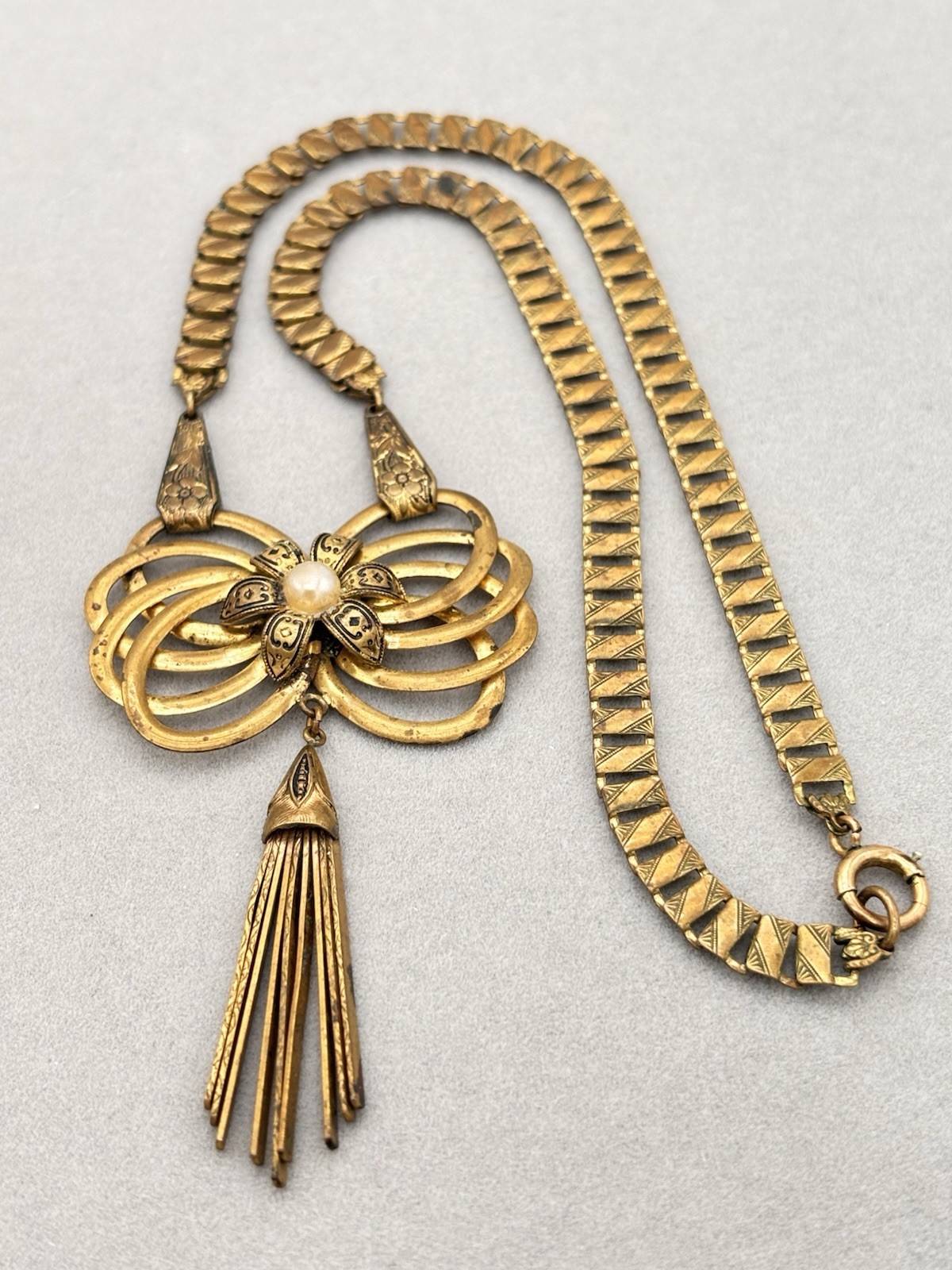 Antique Book Chain Gold Tone Necklace Floral Etched Bow Articulated Pendant