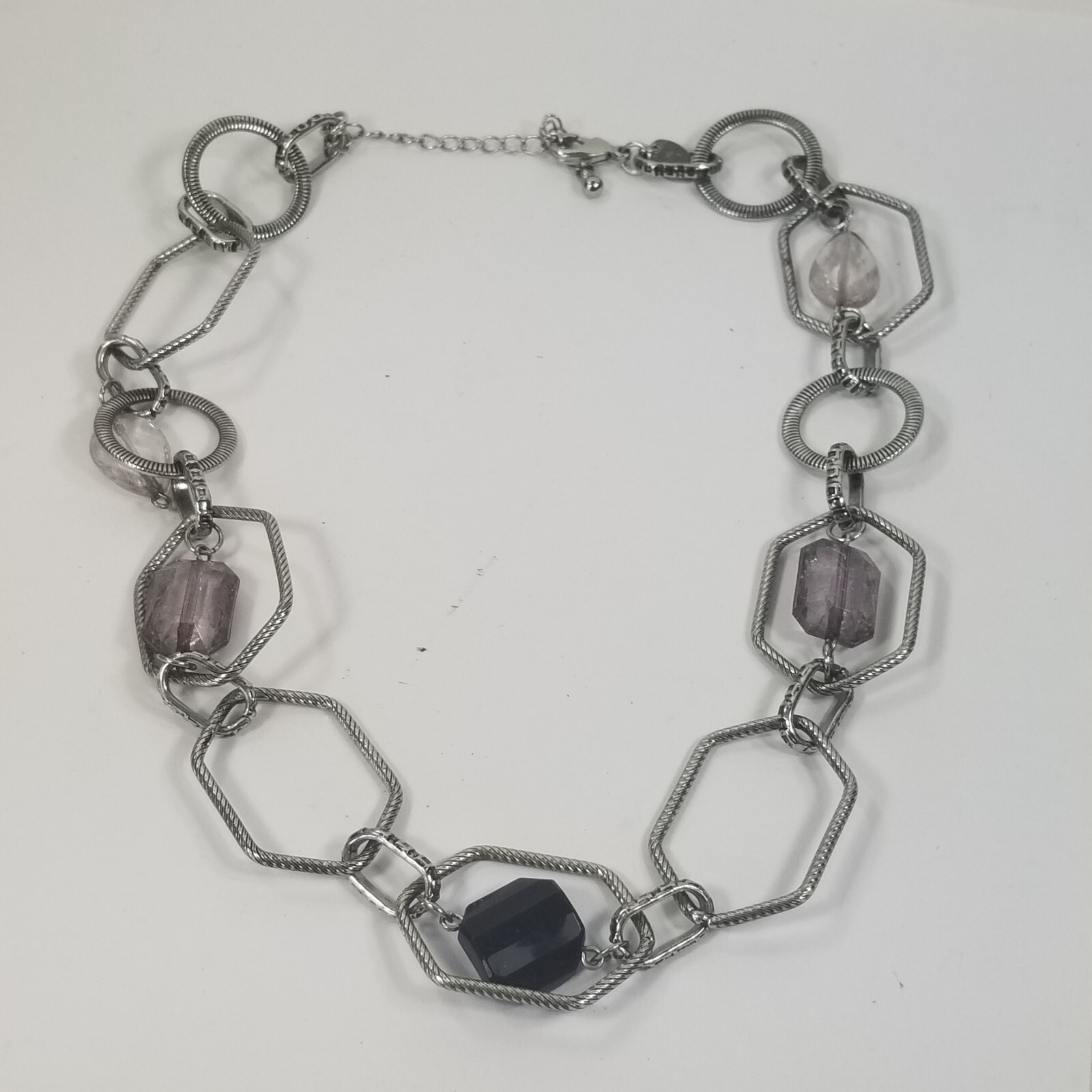 Lia Sophia Textured Silver Tone Hexagon Bead Fashion Necklace Open Link