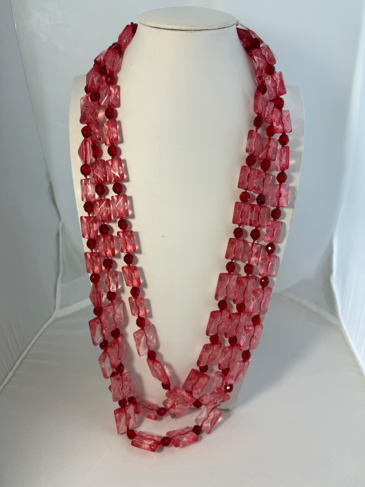 Vintage Pink & Ruby Red Lucite Acrylic Necklace 16” triple Strand statement