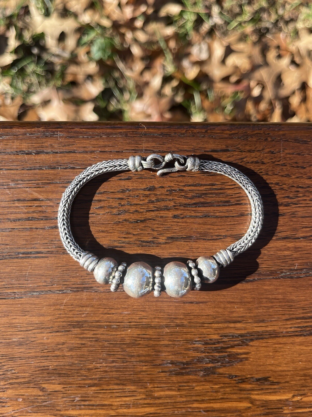 Vintage Sterling Silver Wheat Link Beaded Bracelet