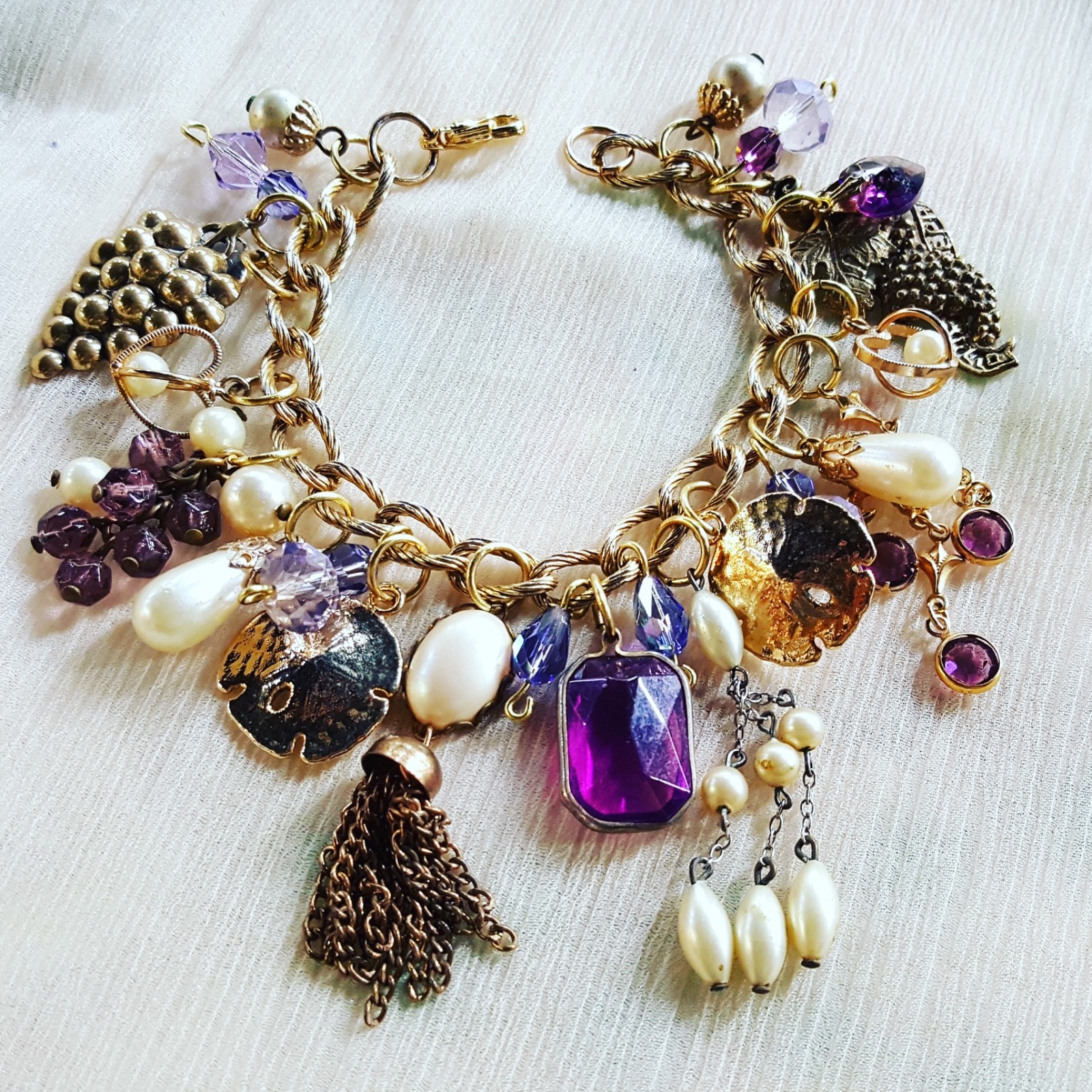 Artist Upcycled Gold-Tone Charm Bracelet Purple & Foe Pearl Vintage Charms