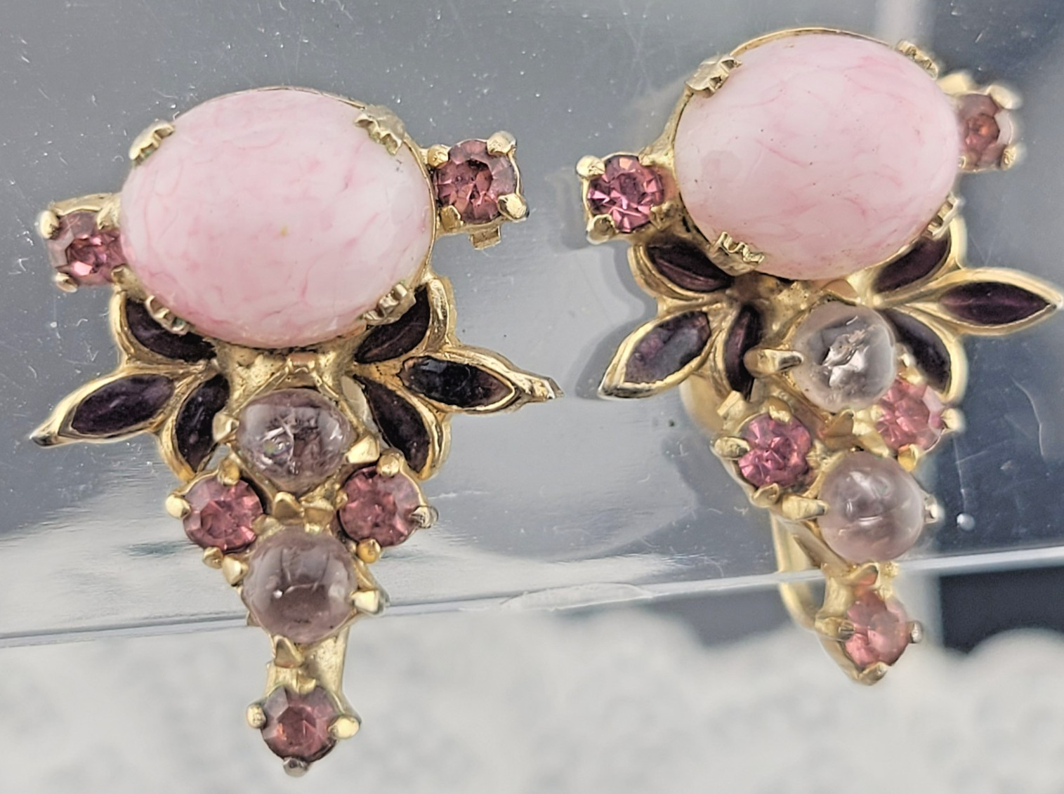 Victorian Pink Molded Glass Gripoix Cabochon Purple Enamel Screw Earrings 1 1/8″