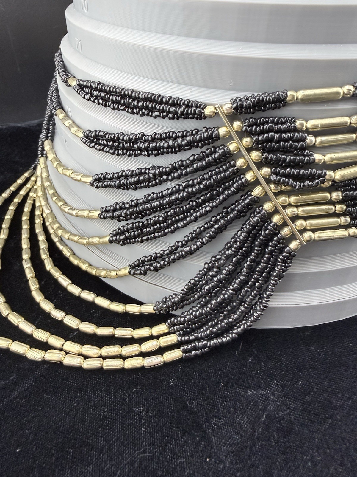 Vintage Black & Gold Multi-Strand Seed Beaded Statement Necklace – Stunning!