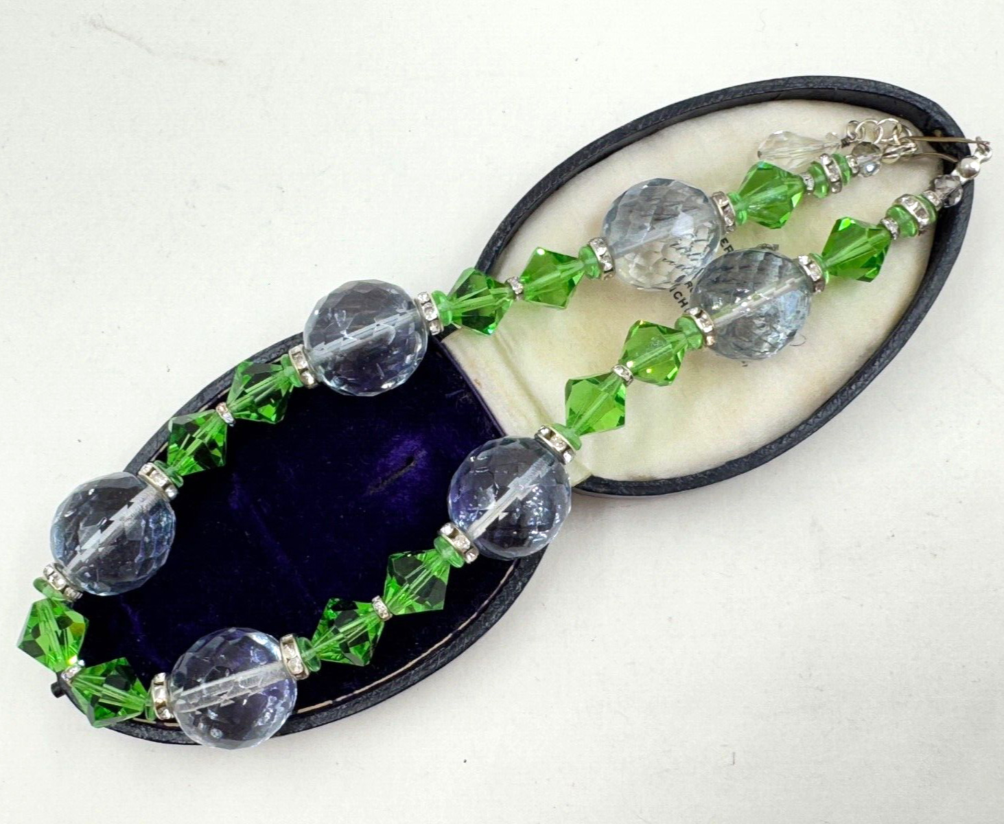 LRG MOONSTONE CLR FACETED CRYSTAL BEADS VIVID GREEN BI CONE ROUNDEL SPC NECKLACE