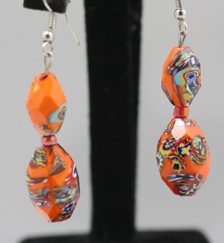 VTG orange faceted glass millefiori beaded hook dangle drop pierced earrings