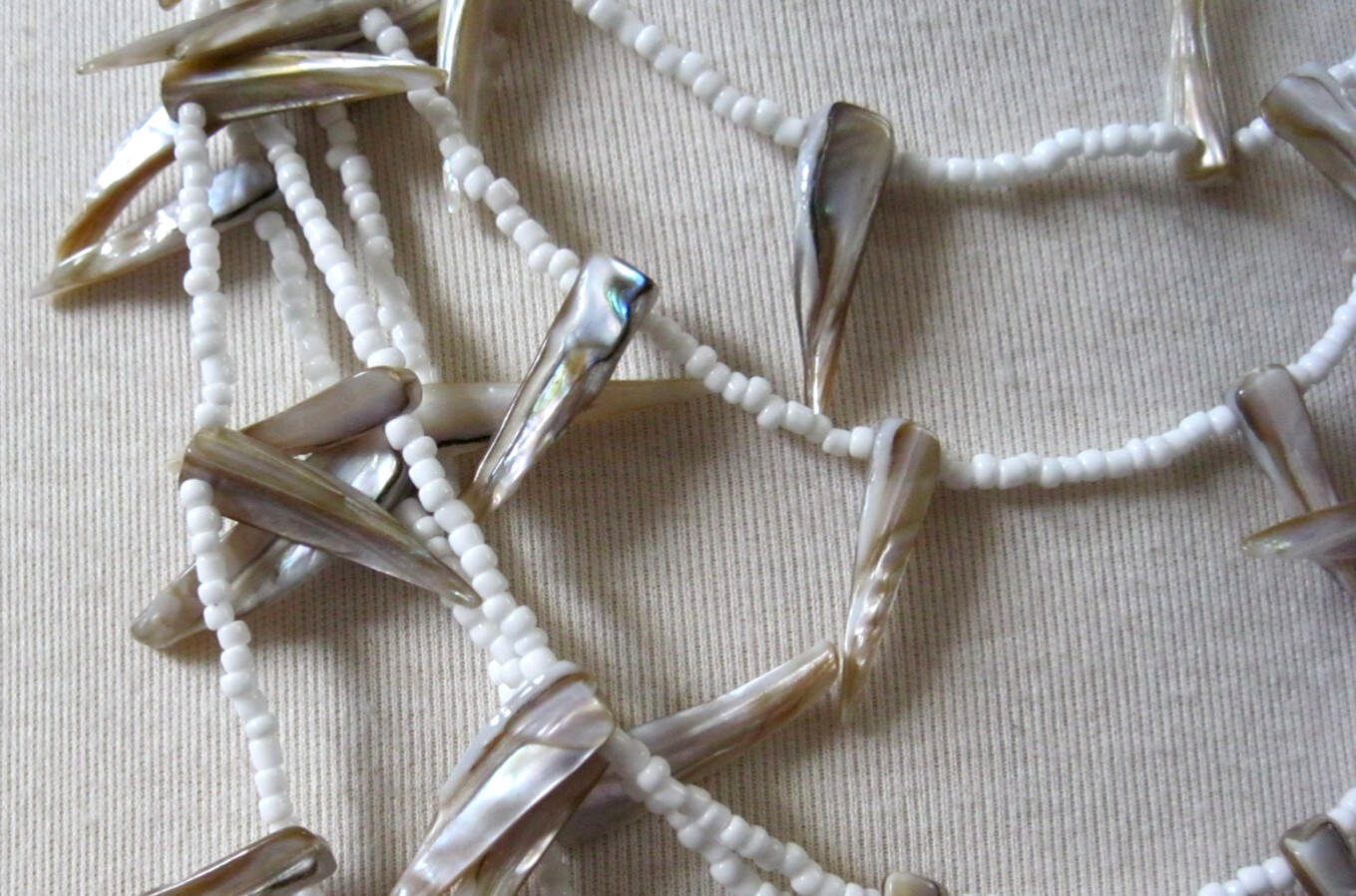 Vintage Multi Strands Necklace Abalone Shell, White Milk Glass & Wooden Beads