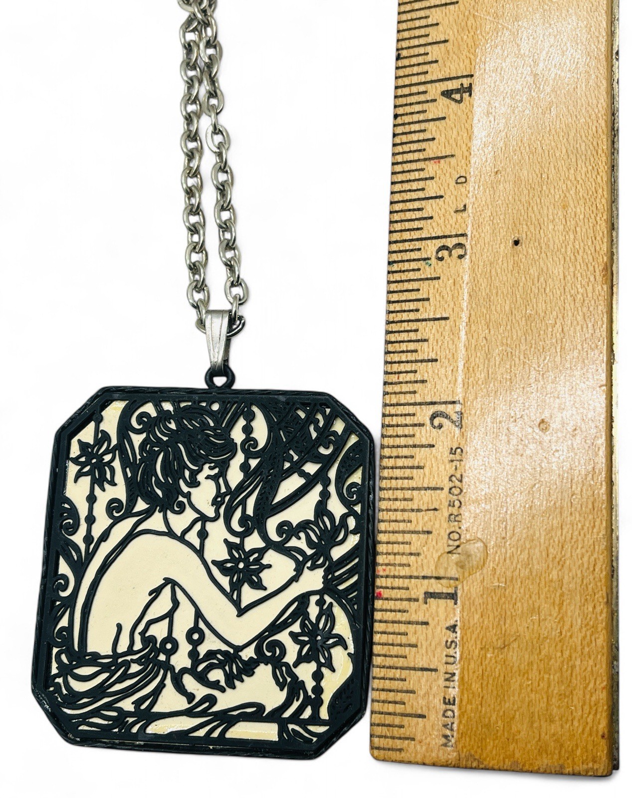 Vintage Signed 1971 Jan Max Art Nouveau Revival Nude Silhouette Pendant Necklace