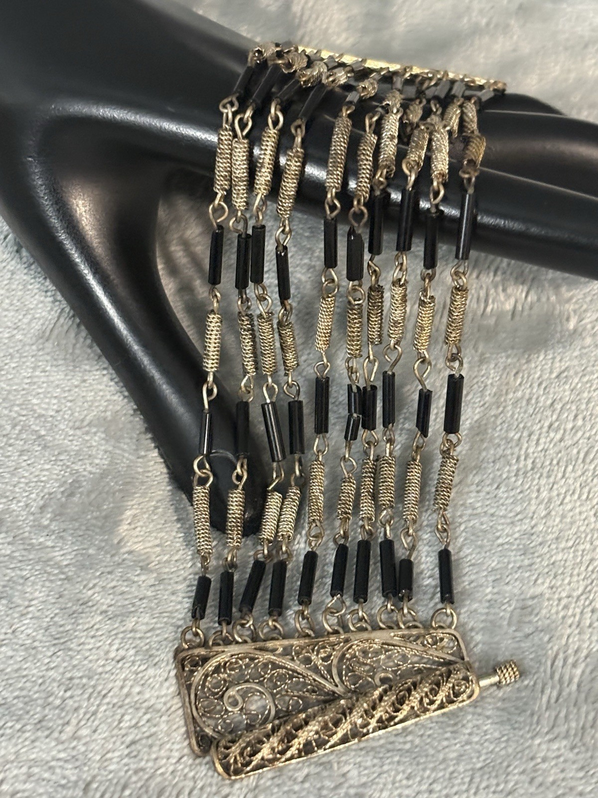 Vintage Multi Strand Wire Wrap Bracelet Filigree Black Tube Bead Metalwork 6.4”