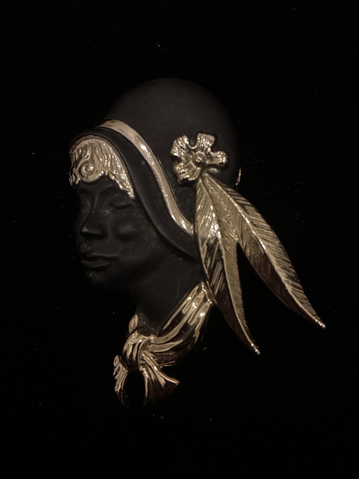 Vintage Torino Flapper Girl Brooch in Gold Tone and Black Matte Finish.