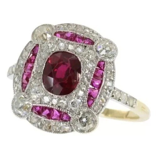 2.95Ct Art Deco Style Red Lab Created Ruby Engagement Wedding 14K Gold FN Ring