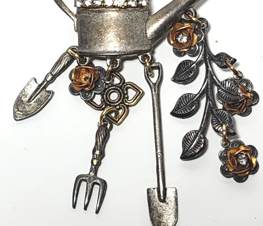 Vintage Jewelry Pewter Metal Garden Brooch Pin w Rhinestones & Gold Flowers