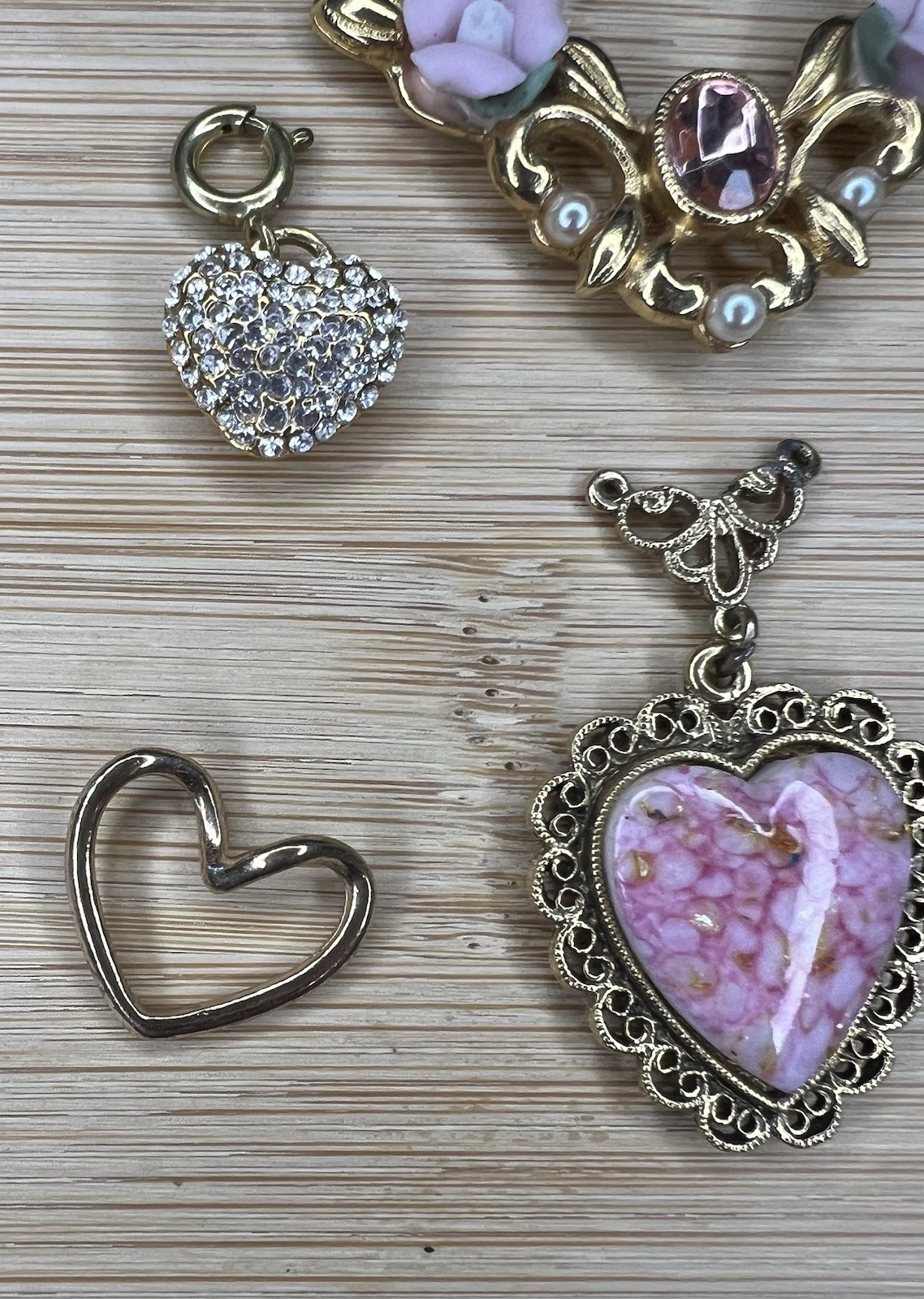 7 Pc Gold Tone Pendant Charm Lot Pink Hearts & Flowers Clear Rhinestones Dainty