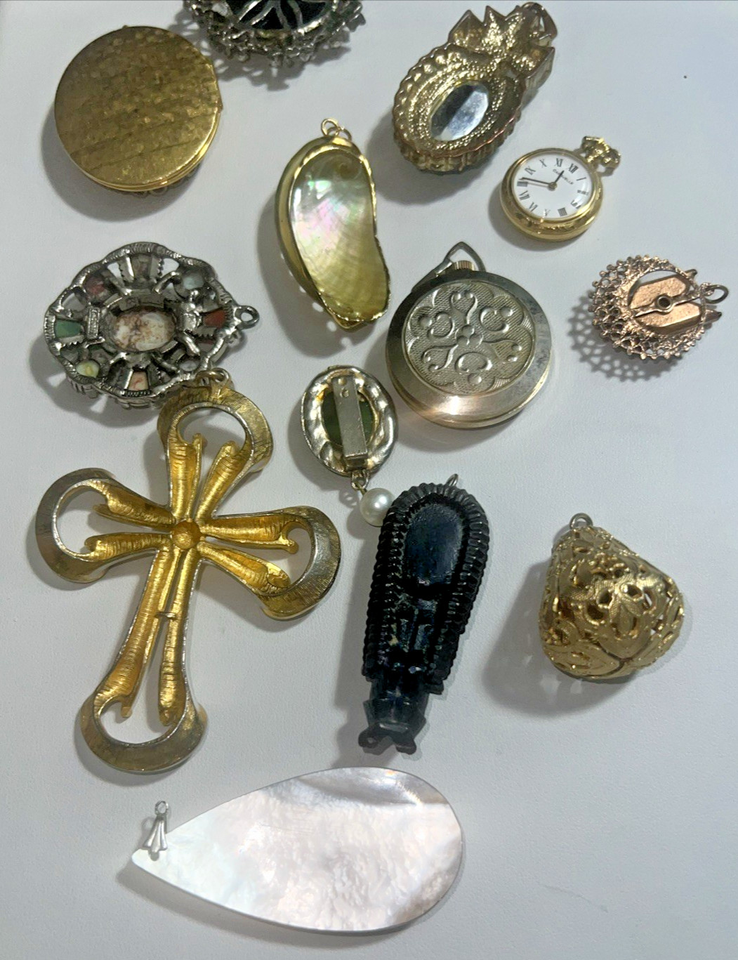 Vintage Unique Large Pendant Lot Cross Cameo Locket Watch Shell Stone Crystal