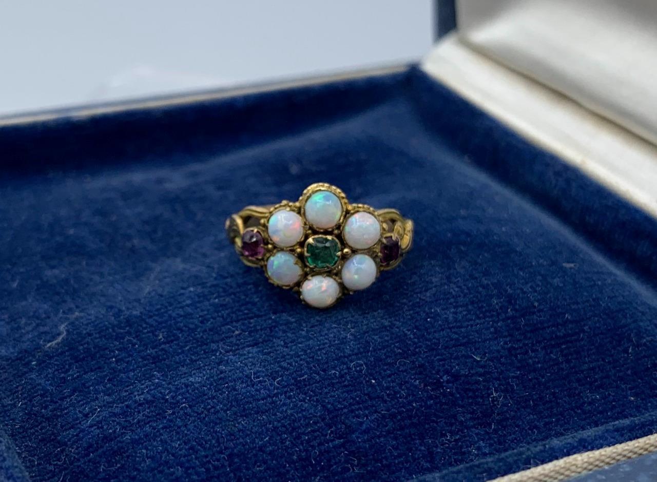 Victorian Opal Emerald Ruby Ring Antique Wedding Engagement Ring 14 Karat Gold