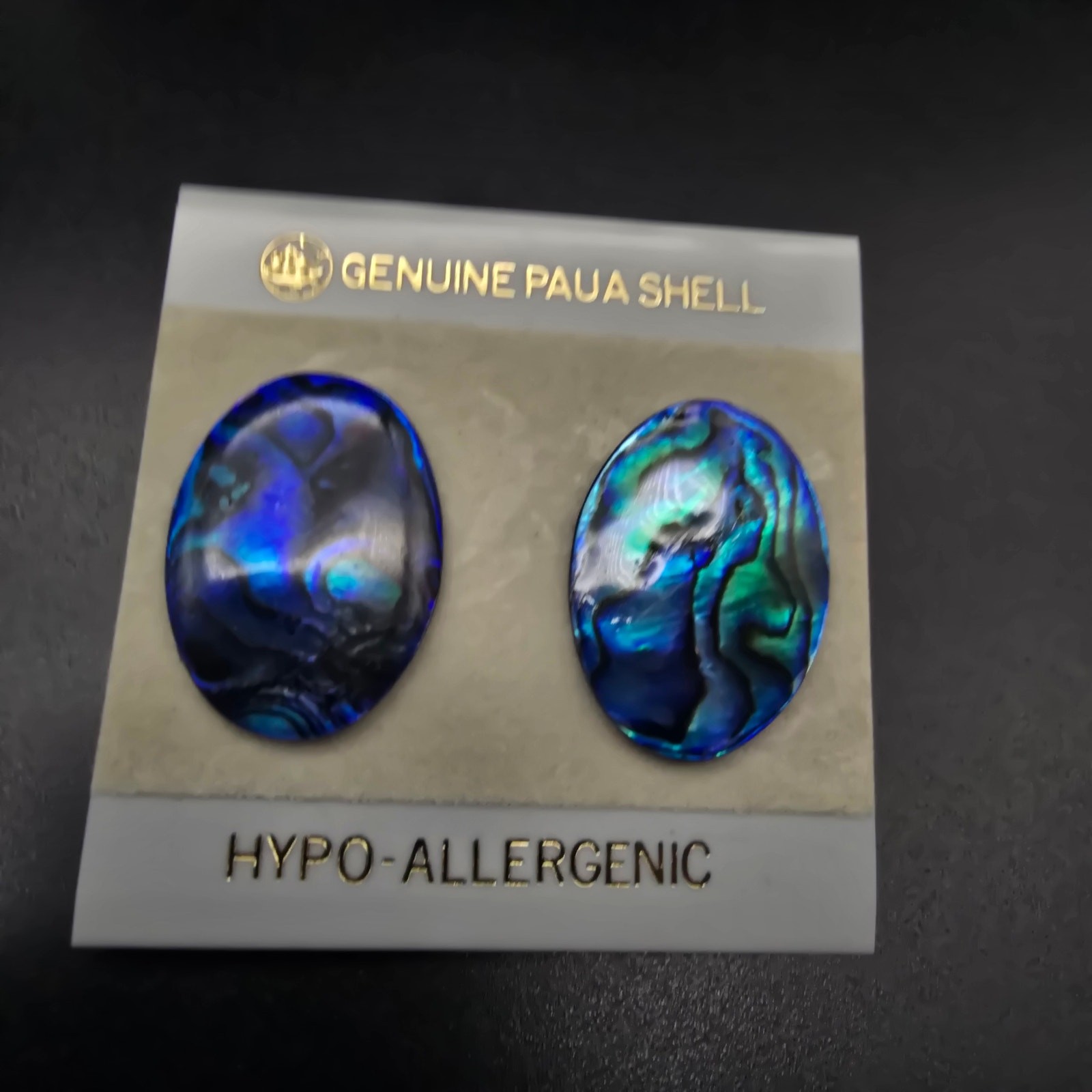Blue Paua Shell Oval Earrings Pierced Post On Card