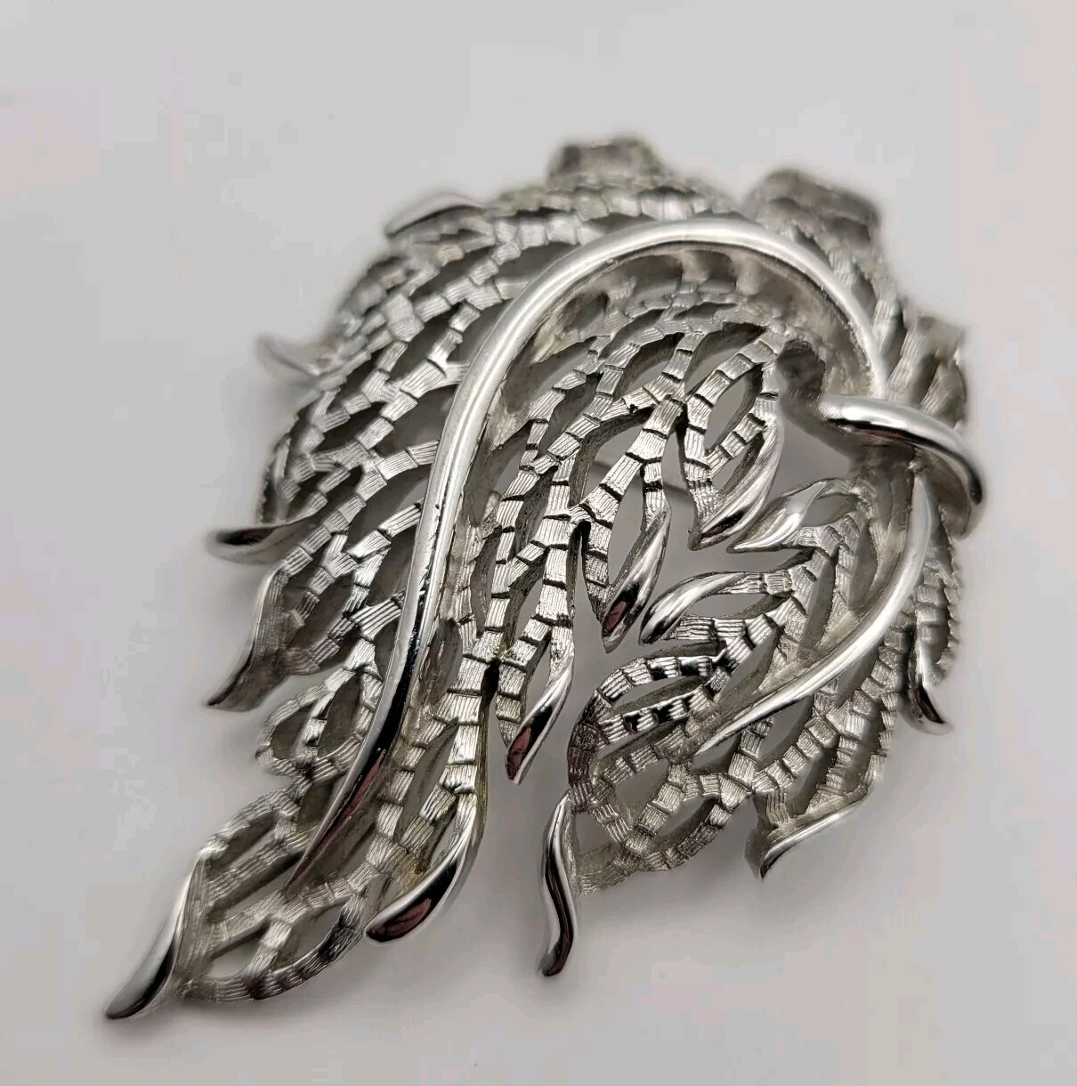 Vintage Crown Trifari Brooch Silver Tone Nature Leaf Swag Matte Polished Signed