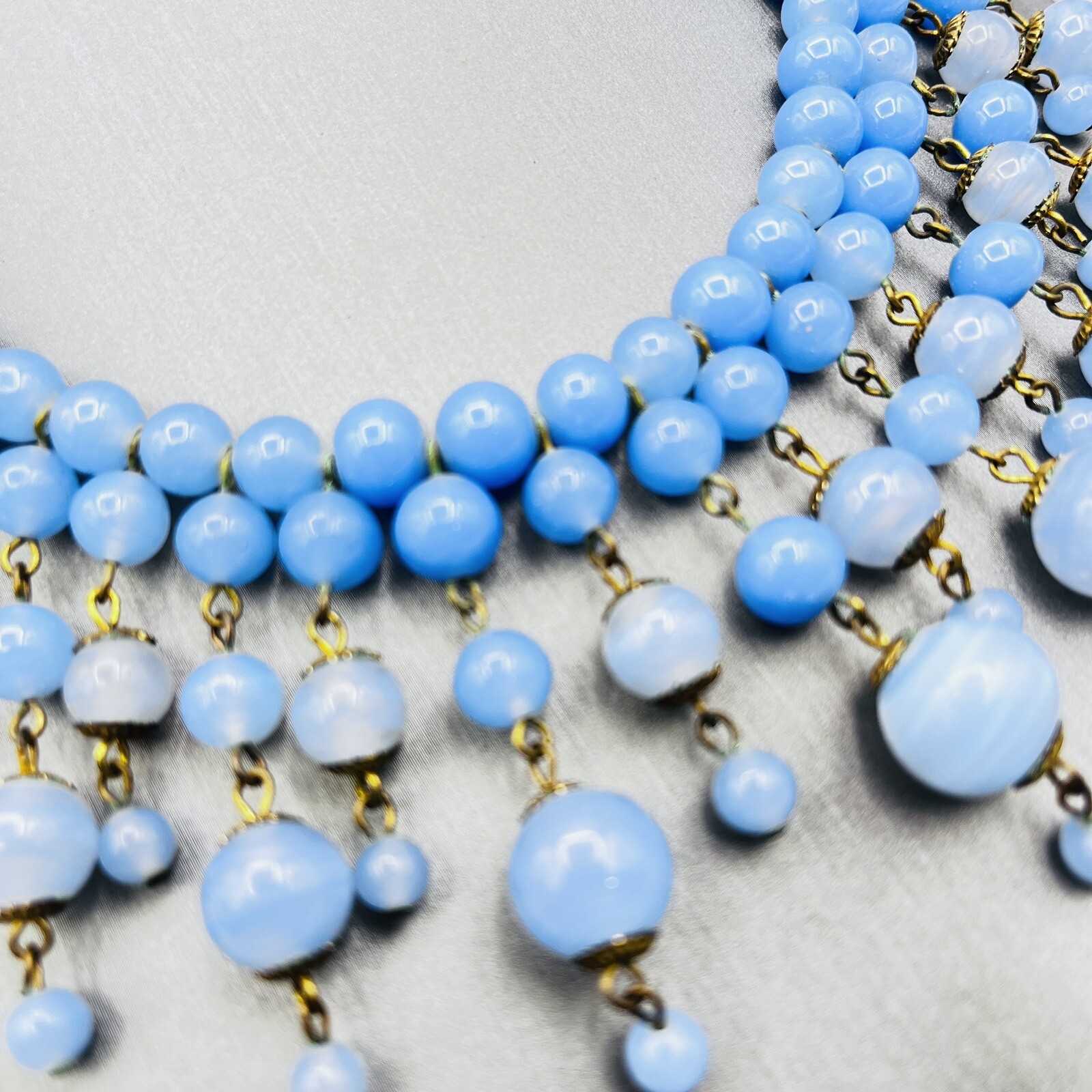 Vintage Periwinkle Blue Czech Glass Beaded Fringe Bib Necklace 16″