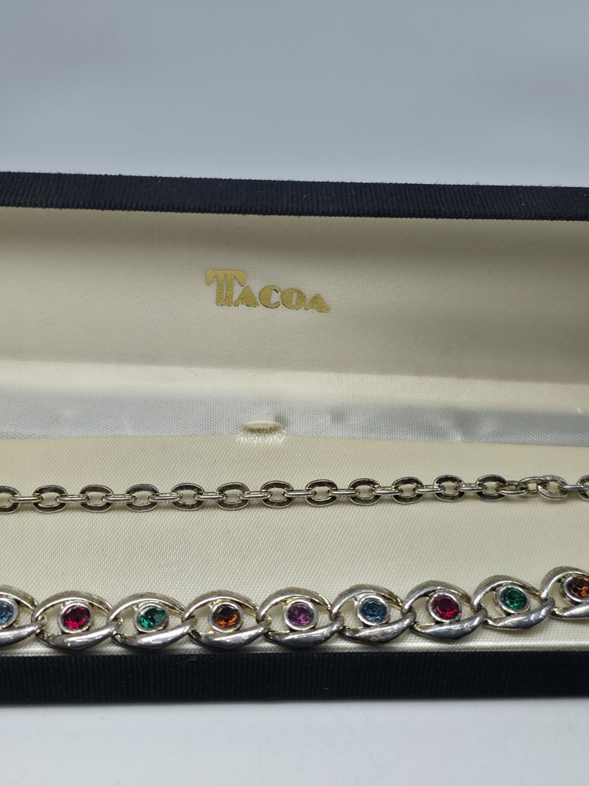 ​Vintage Signed TACOA Multi-Color Rhinestone Link Bracelet in Original Box