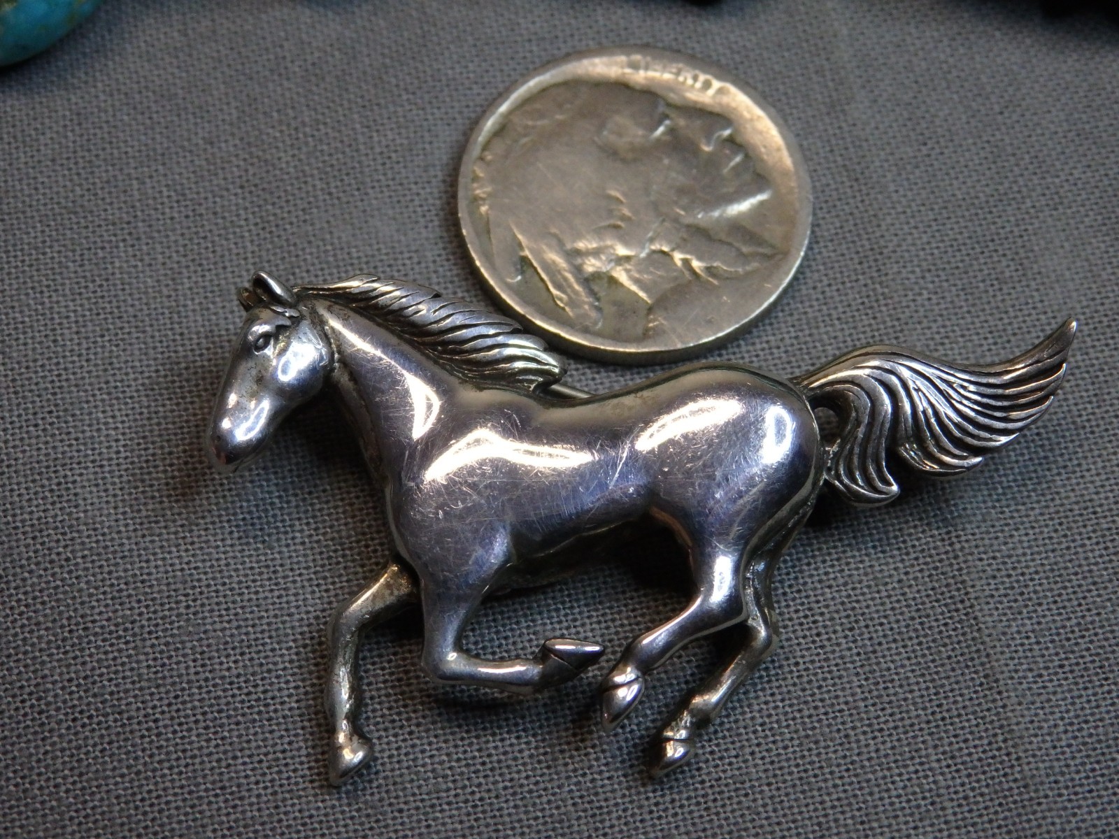 NAVAJO Gus Sandoval Sterling Silver RUNNING HORSE 1.9″ Pin signed 🐎