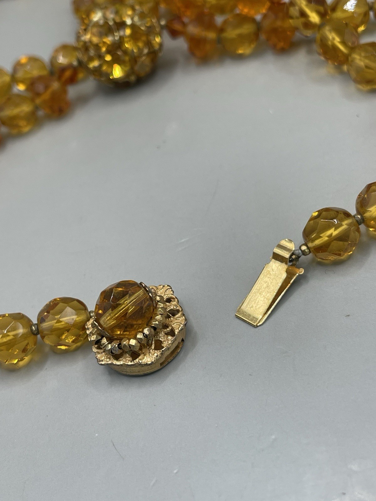 Vintage Miriam Haskell Beaded GoldTone Rhinestone Ball Pendant 30” Necklace