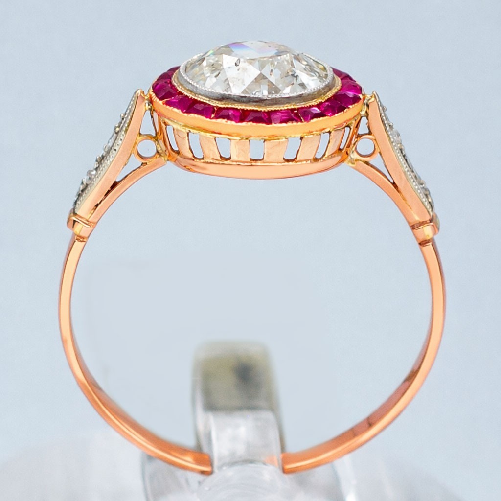 ART DECO GENUINE 1.20 Cts DIAMOND & RUBY ENGAGEMENT RING 18K ROSE SOLID GOLD