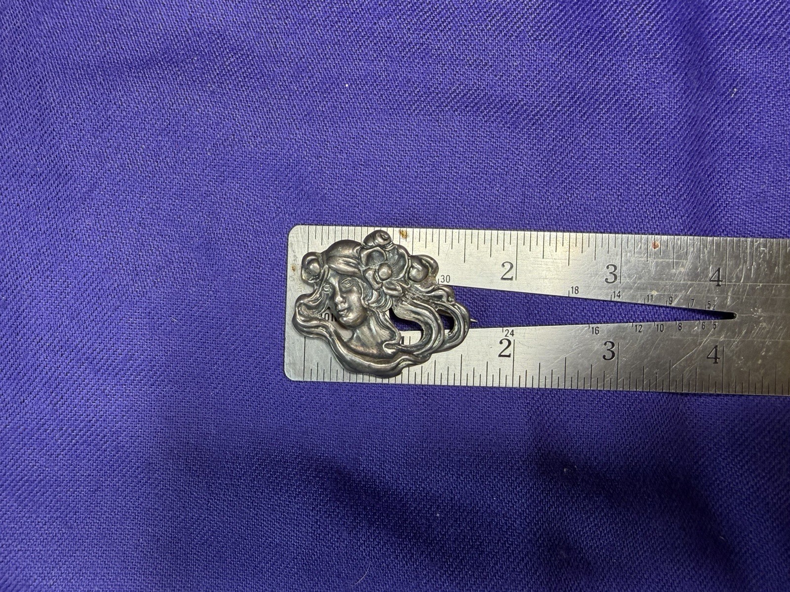 Antique Art Nouveau Sterling Top Lady Portrait Brooch Pin Floral Hair