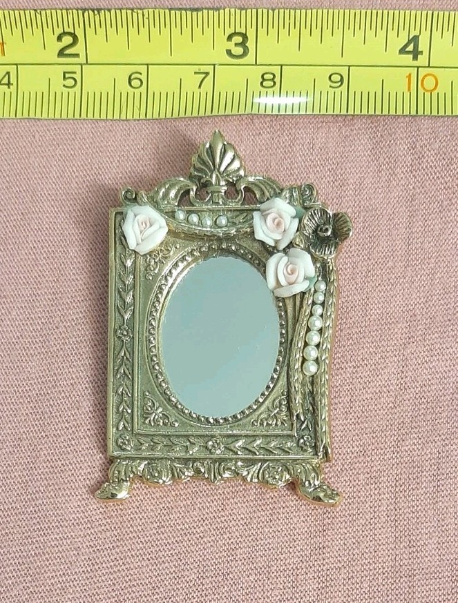BEAUTIFUL Vintage Ornate Mirror Vanity w/ Porcelain Roses Flowers Brooch Pin