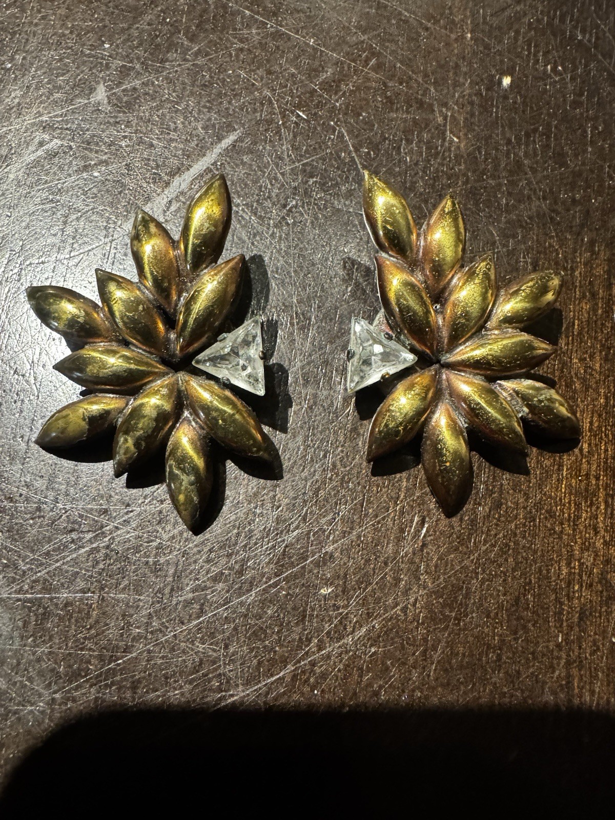 Vintage Brass Leaf Starburst Clip On Earrings Trillion Cut Rhinestone Cluster