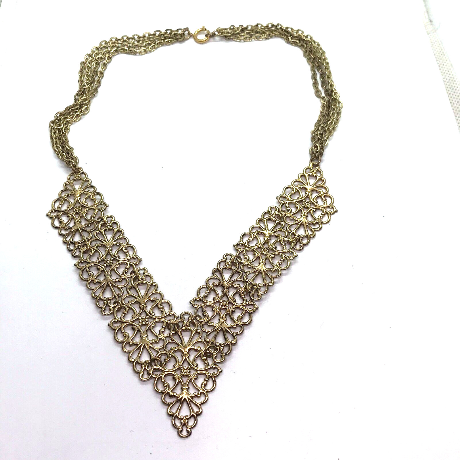 Vintage Necklace filigree Panels Gold Tone Chains Mod Retro Metal