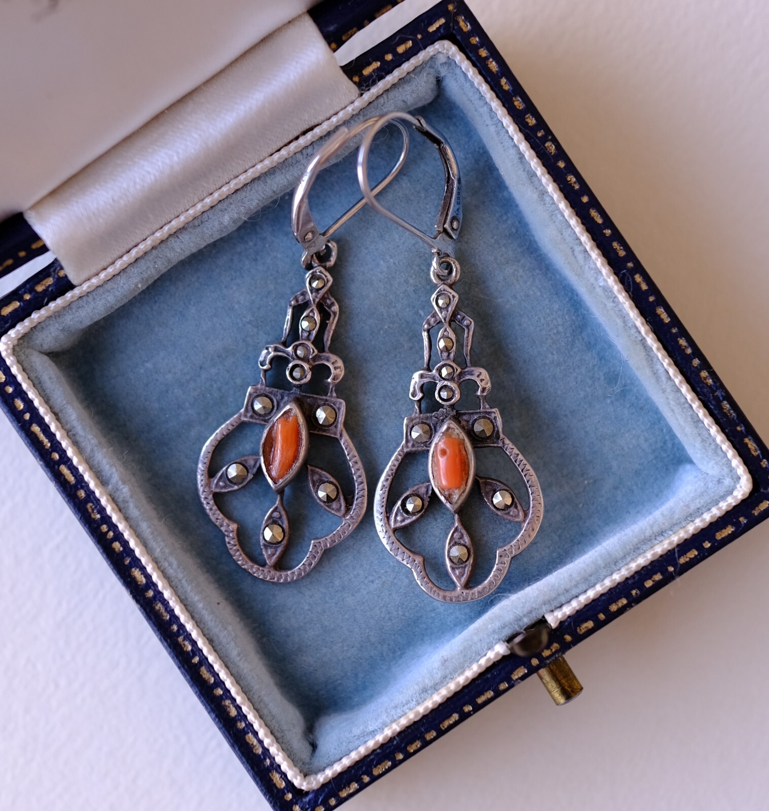 Art Deco Coral & Marcasite Dangle Lever Back Sterling Silver Earrings