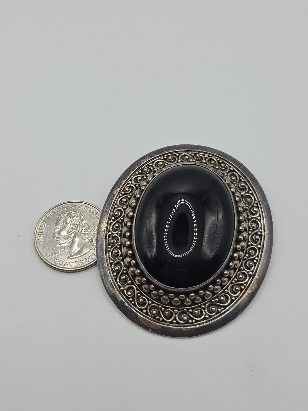 Vintage Sterling Silver 925 Large Oval Black Onyx Decorative Pendant 44g