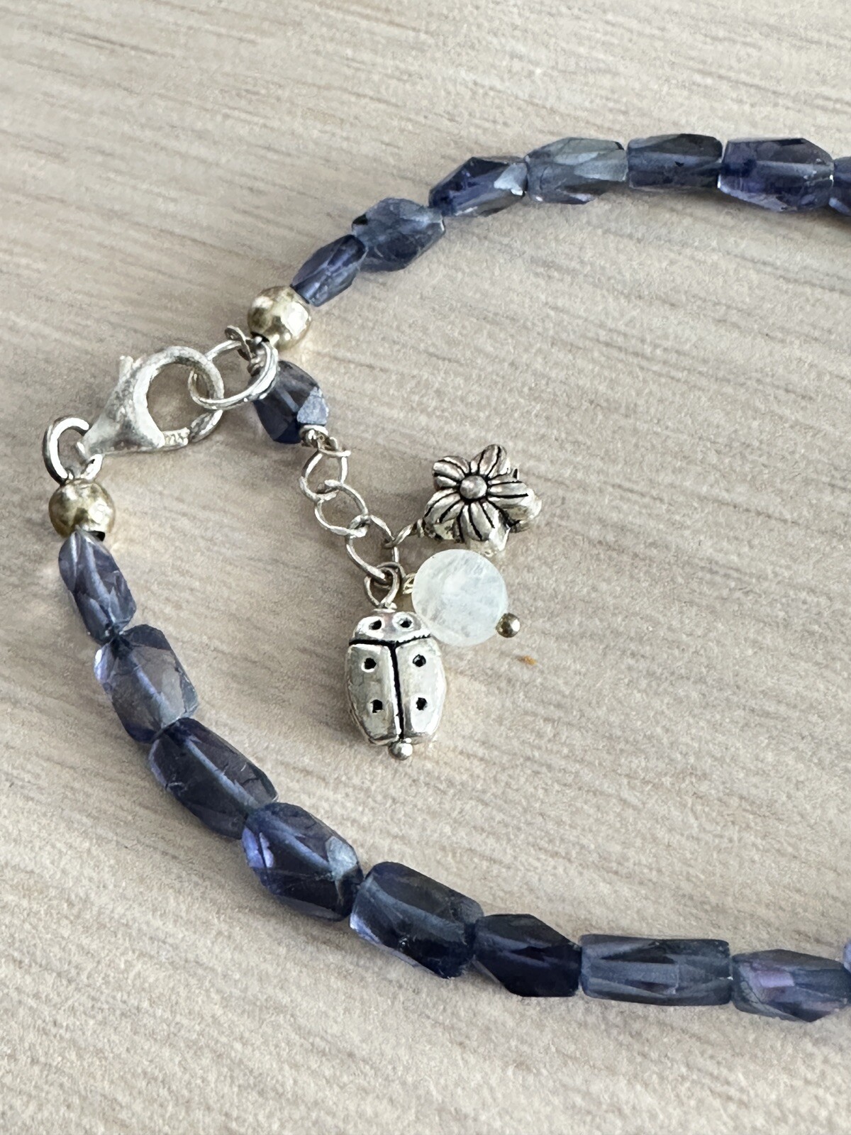 Sterling Silver Blue Iolite Beaded Bracelet 7 inch + 1 inch extender .925