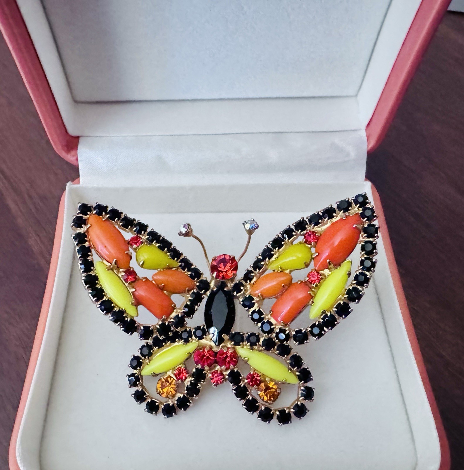 Vintage Juliana D&E Butterfly Brooch Black Rhinestone Orange Chartreuse Cabochon