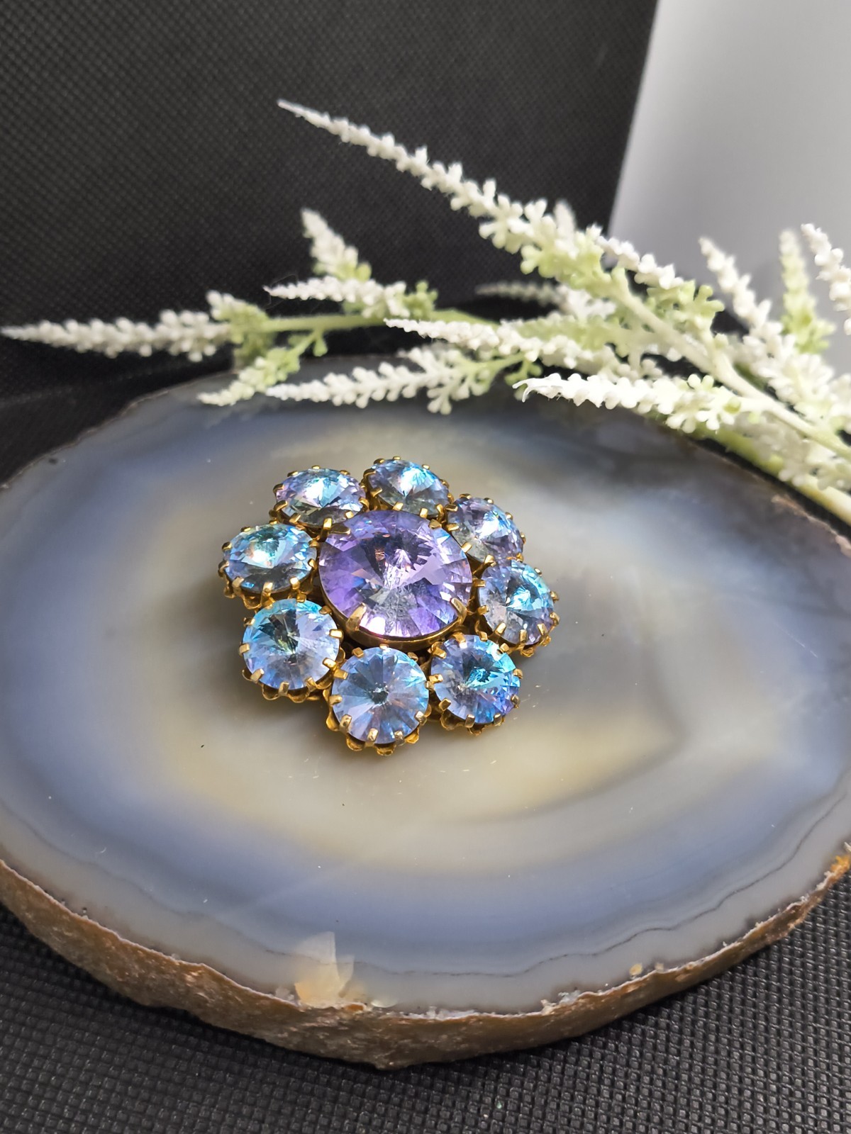 Stunning Vintage Austria Style Blue And Purple Rhinestone Brooch