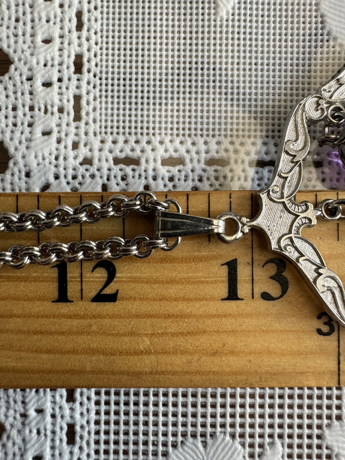 Vintage SARAH COV. silver TONE Rolo Chain&purple Chandelier Pendant Necklace