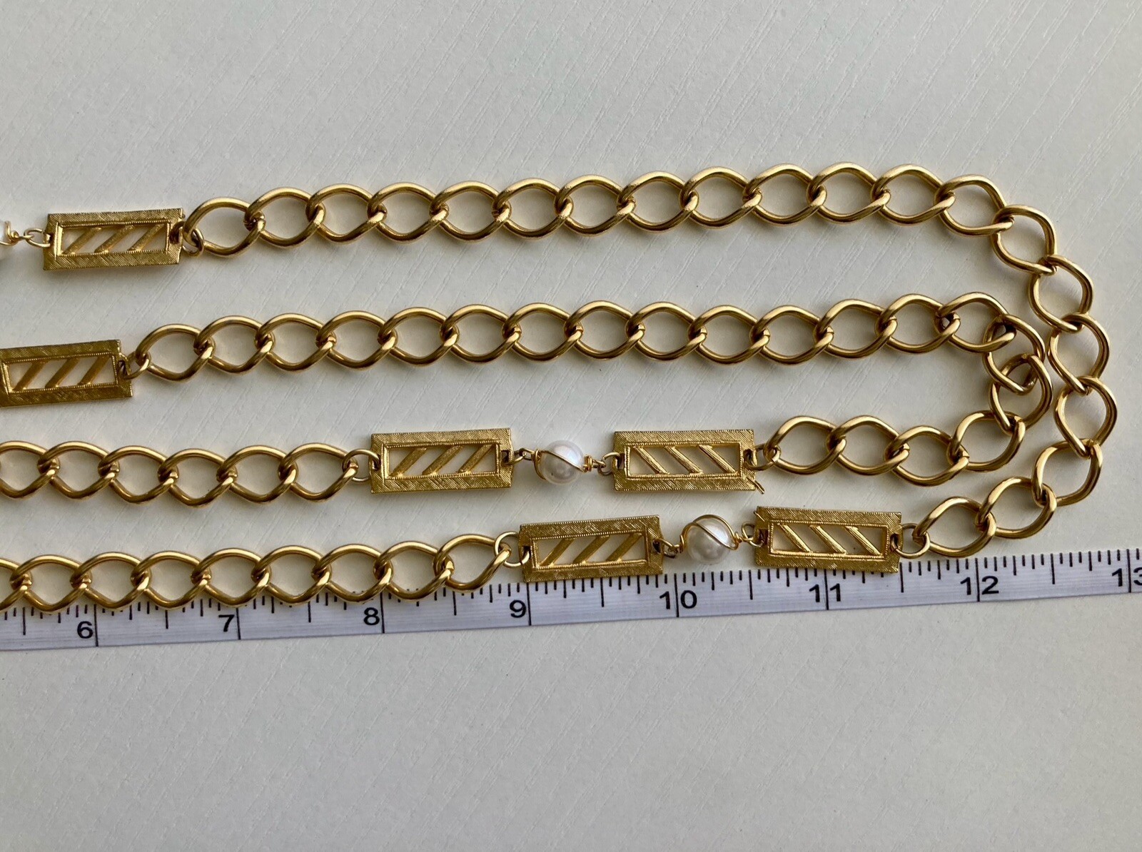 Vintage Gold Tone Bar Faux Pearl Station Oval Link Chain 52 inch Necklace 89.13g