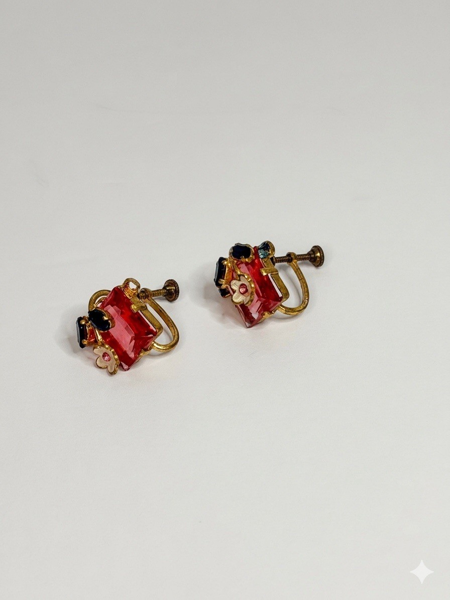 Vintage Gold Tone Screw Back Earrings Red Emerald Cut Floral Accent