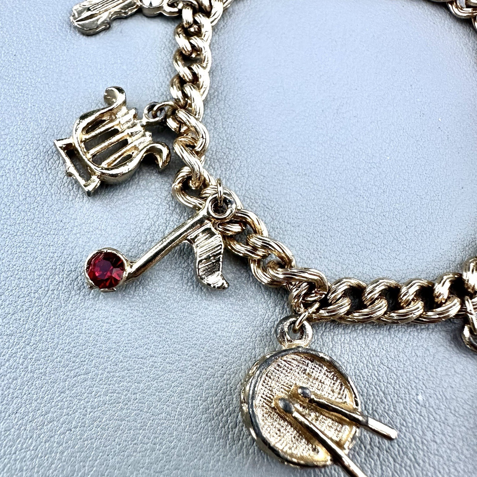 Vintage Musical Instruments Charm Bracelet Gold Tone Rhinestone Notes Chain