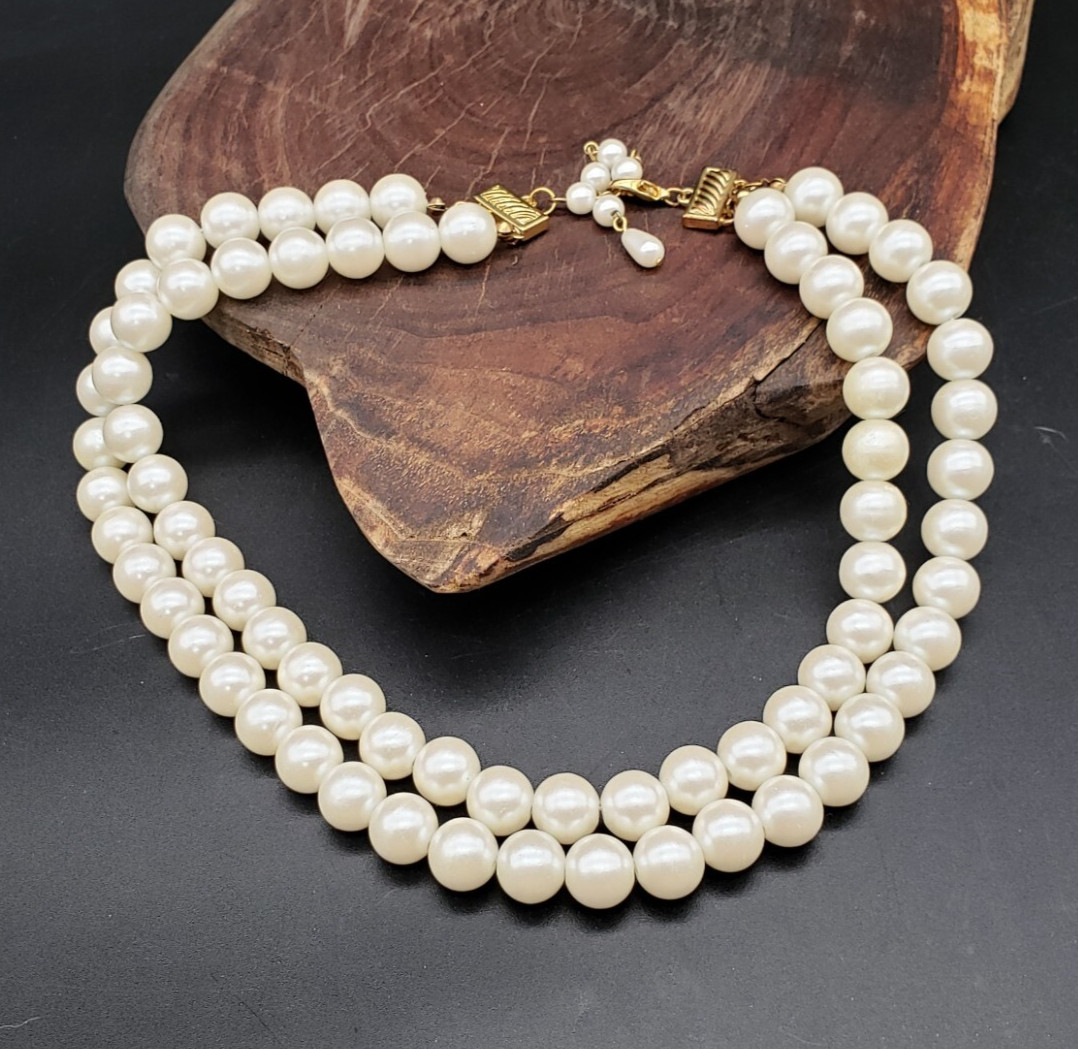 Vintage Faux Pearl Double Strand Necklace 17–18″ Gold Tone Lobster Clasp