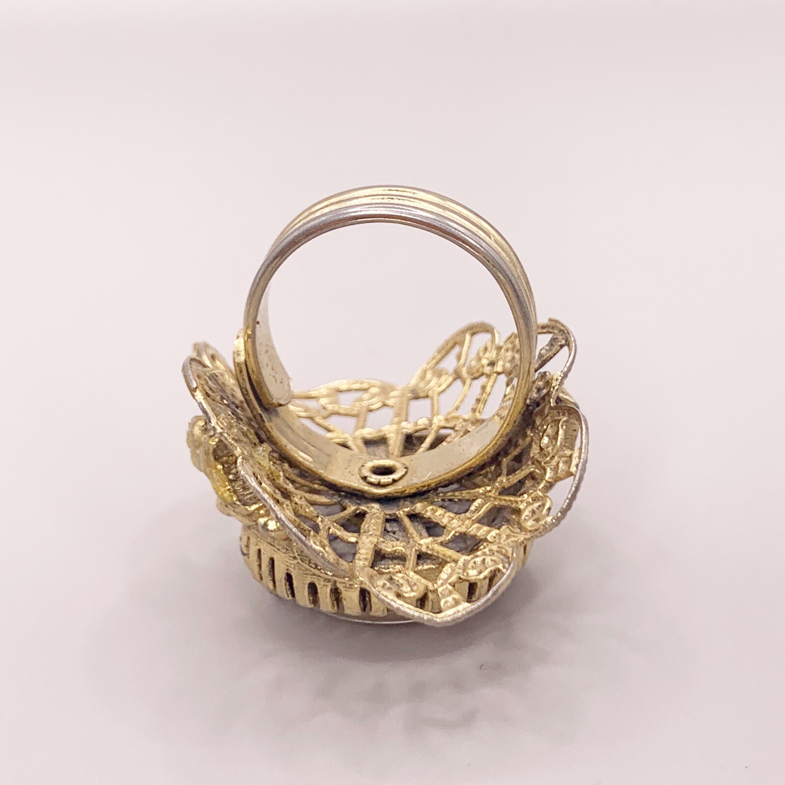 Vintage Cocktail Ring Costume Jewelry Off White Ivory Gold Color Tone Adjustable