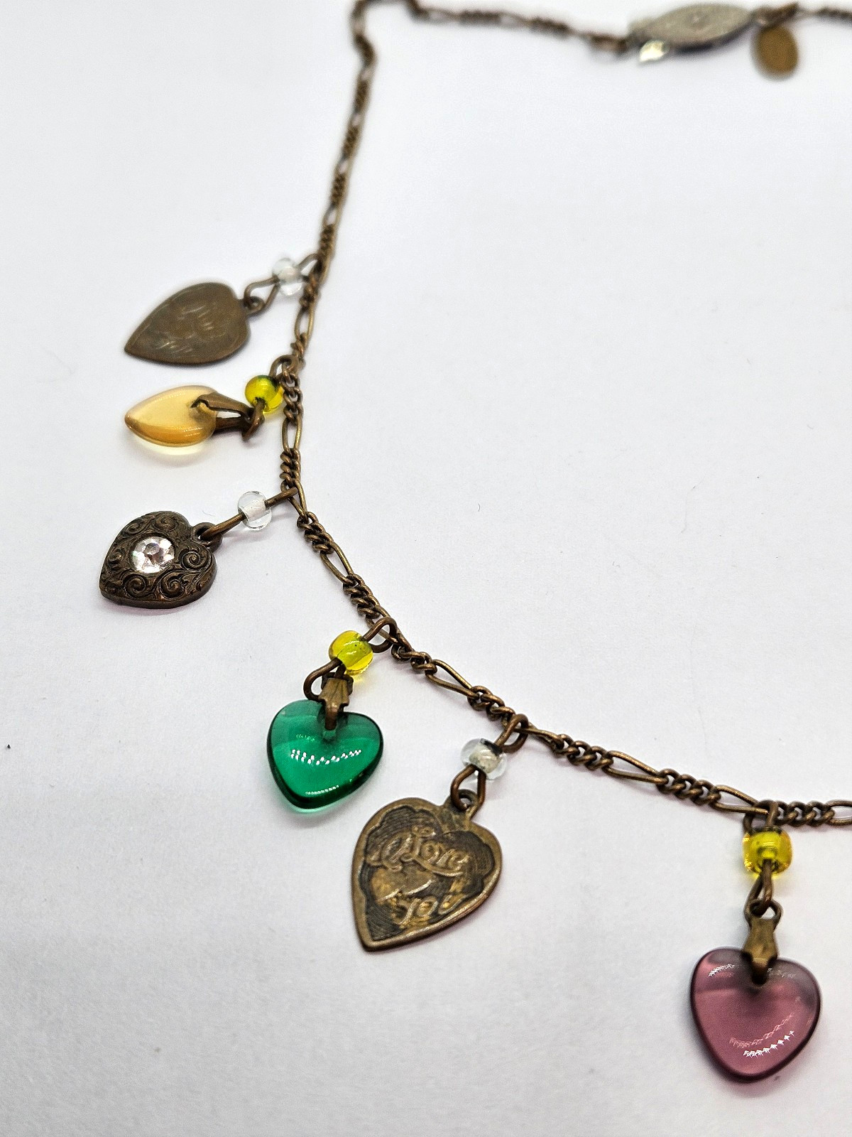 Vintage GLASS WORKS STUDIO Brass Multi Color Glass Heart Necklace 16″