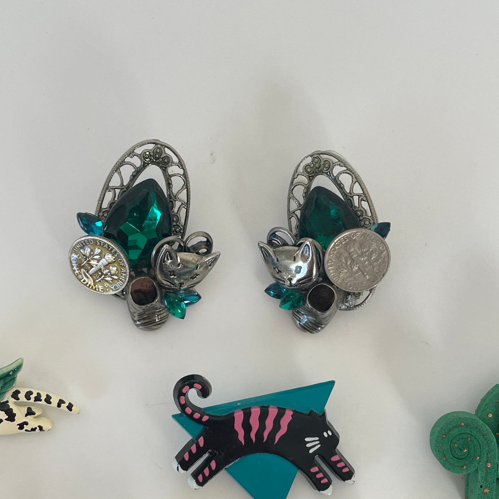 Vtg WHIMSICAL CAT Brooch Lot 50s 70s 80s Jewelry Artisan Burch Pinback Earrings
