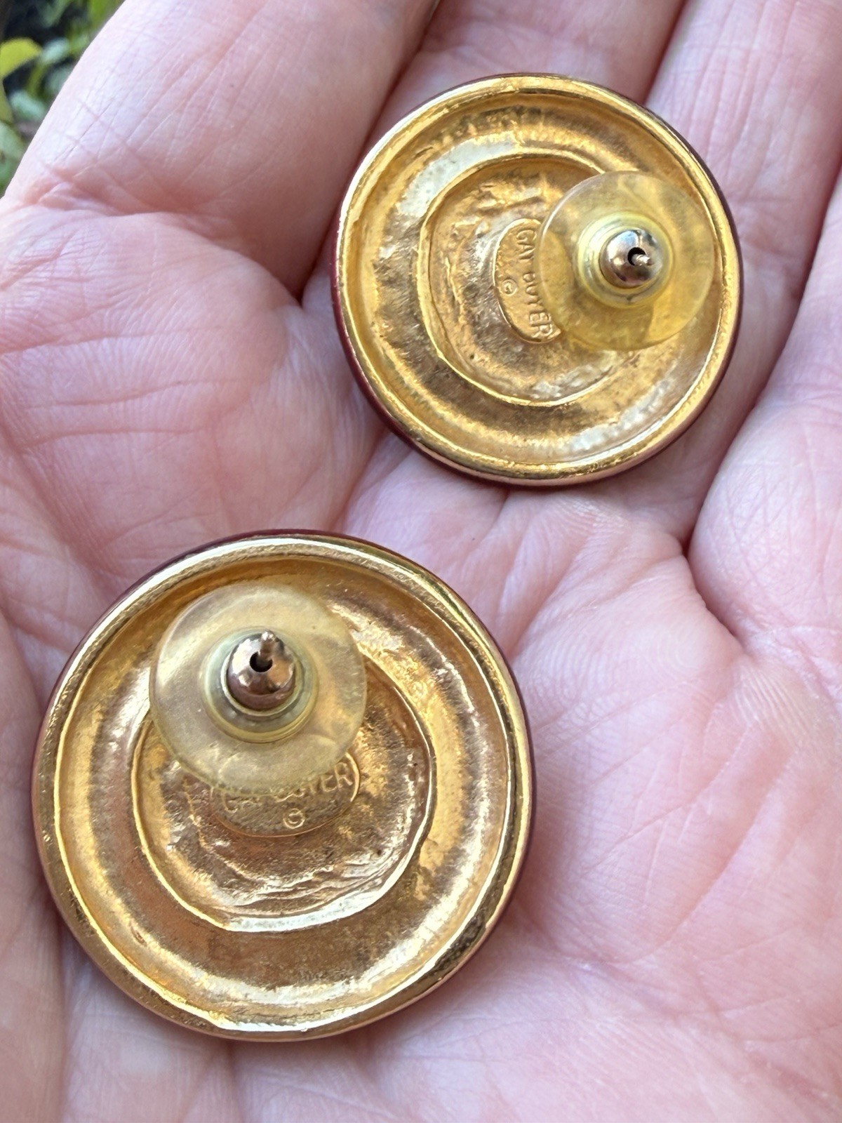 Vintage Gay Boyer Gold Tone Burgundy Enameled Pearl Pierced Earrings