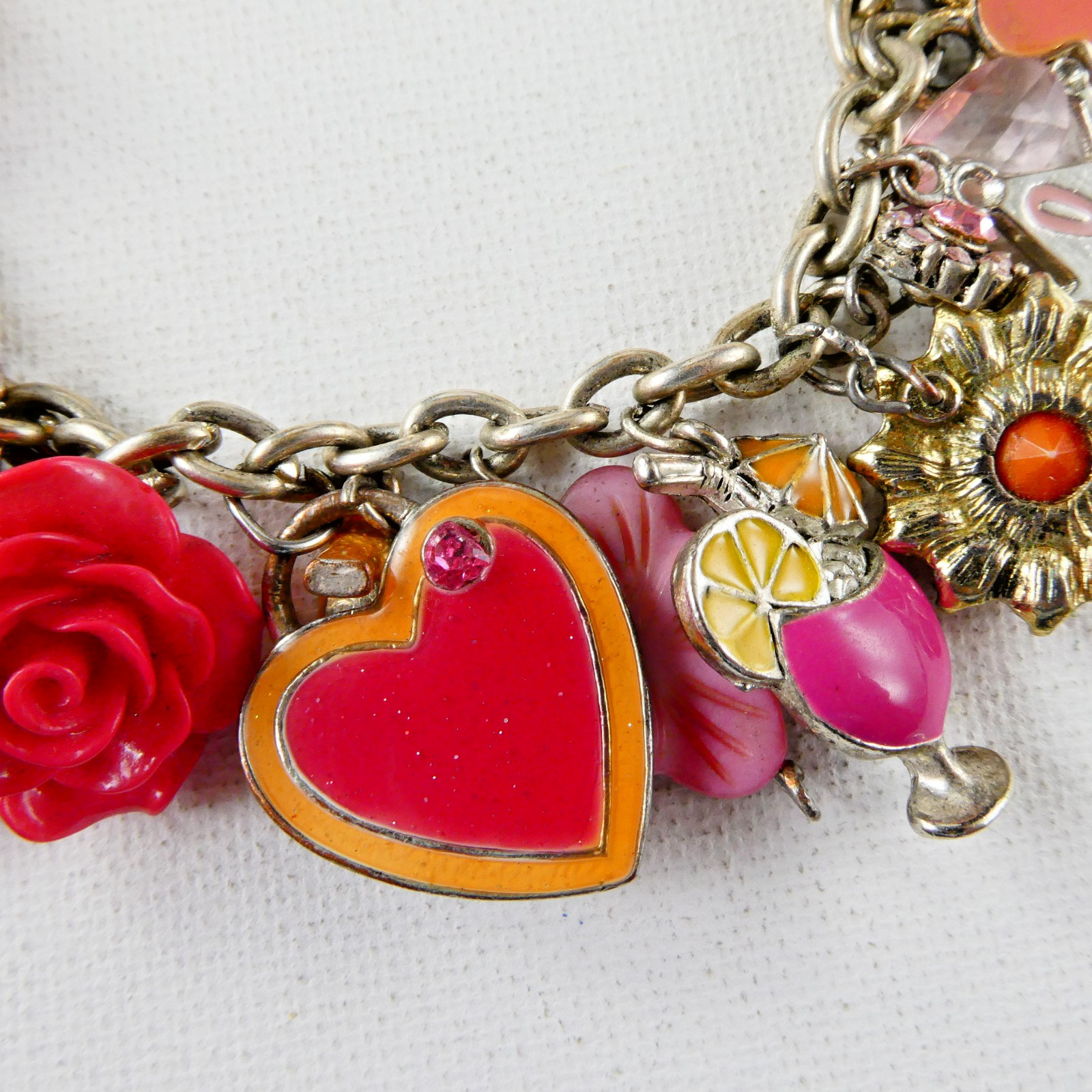 Vintage PINK Flower Charm Bracelet Floral Hearts Enamel Rhinestones Toggle Clasp