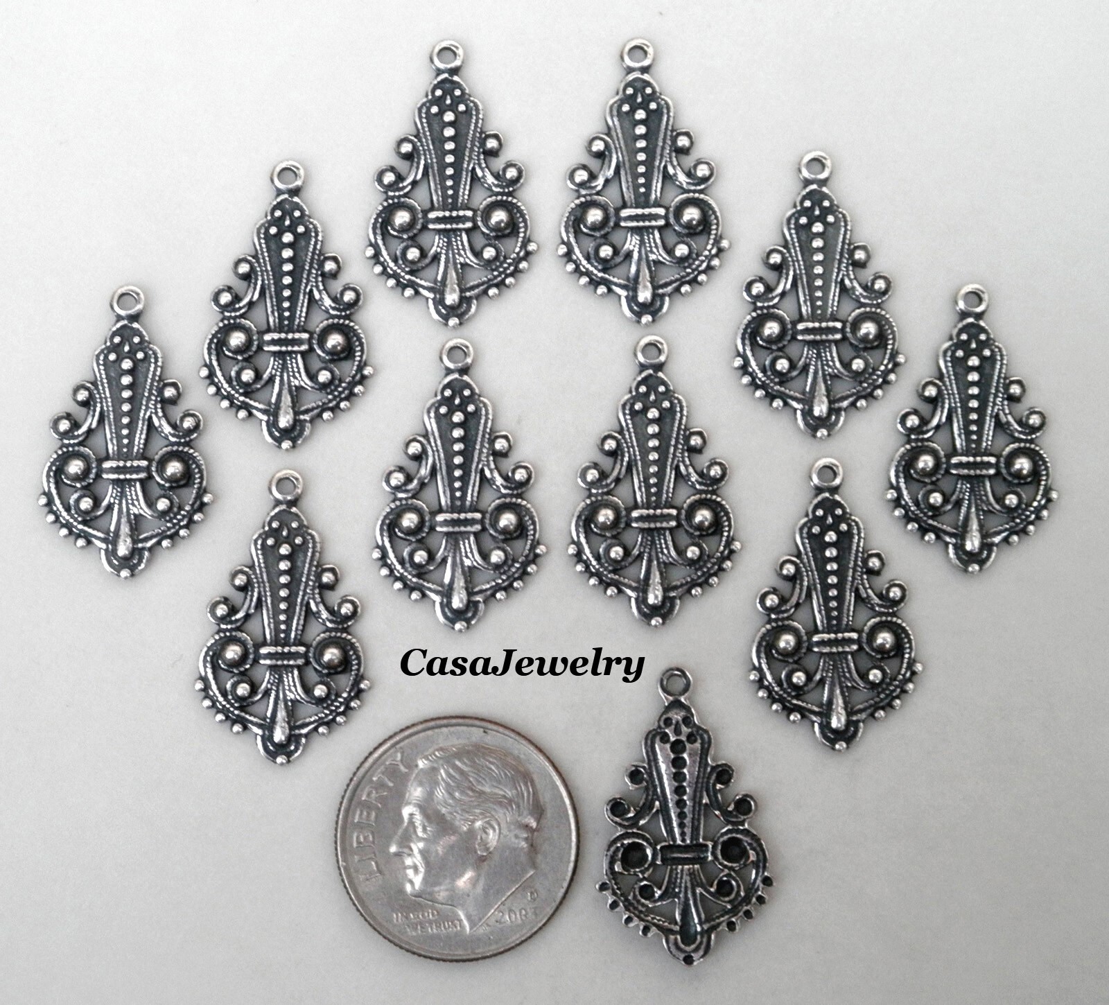 #3420 ANTIQUED STERLING SILVER PLATED OPEN FILIGREE DROP W/TOP HANG RING- 12 Pcs
