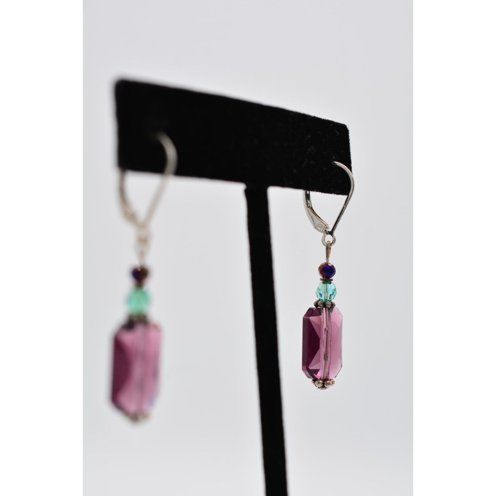 Vintage Crystal Dangle Earrings 925 Sterling Silver Purple Blue Beaded 1980s 9I