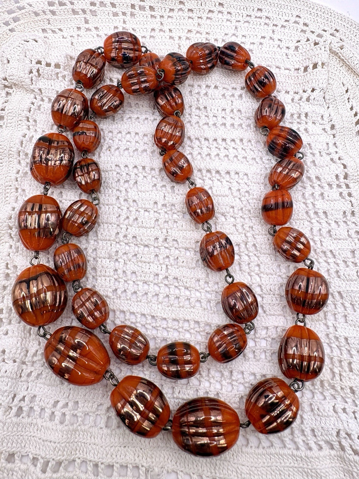 Vintage Czech Melon Foil Glass Graduated Necklace Lampwork Pumpkin 28”