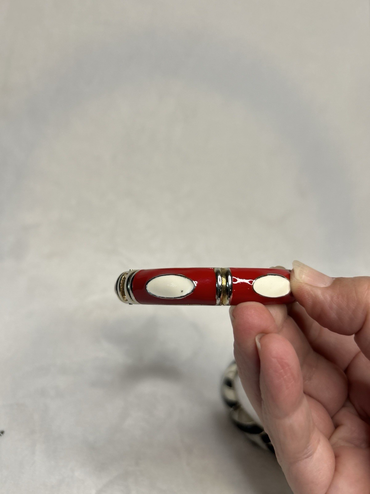 Vintage Enamel Bangle Bracelet Set Of 2, Hinged Gold Tone Red White Black